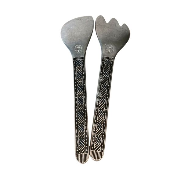 Wilton Armetale Pewter Serving Utensils Spoon & Fork Black & Silver Aztec Design - Picture 2 of 9